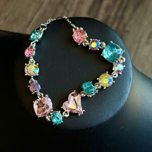 Sparkling Zirconia Stone Pink & Aqua Crystal Heart Adjustable Silver Bracelet